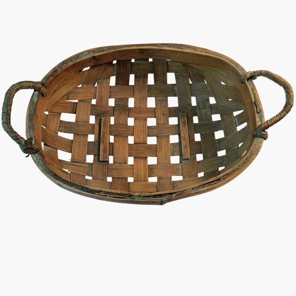 Vintage Oval Woven Bamboo Basket Twisted Handle Rustic Decor Cottage - Picture 5 of 7